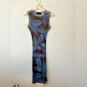 Louisa Ballou Blue Tropical Mesh Dress Sheer Bodycon Small Designer